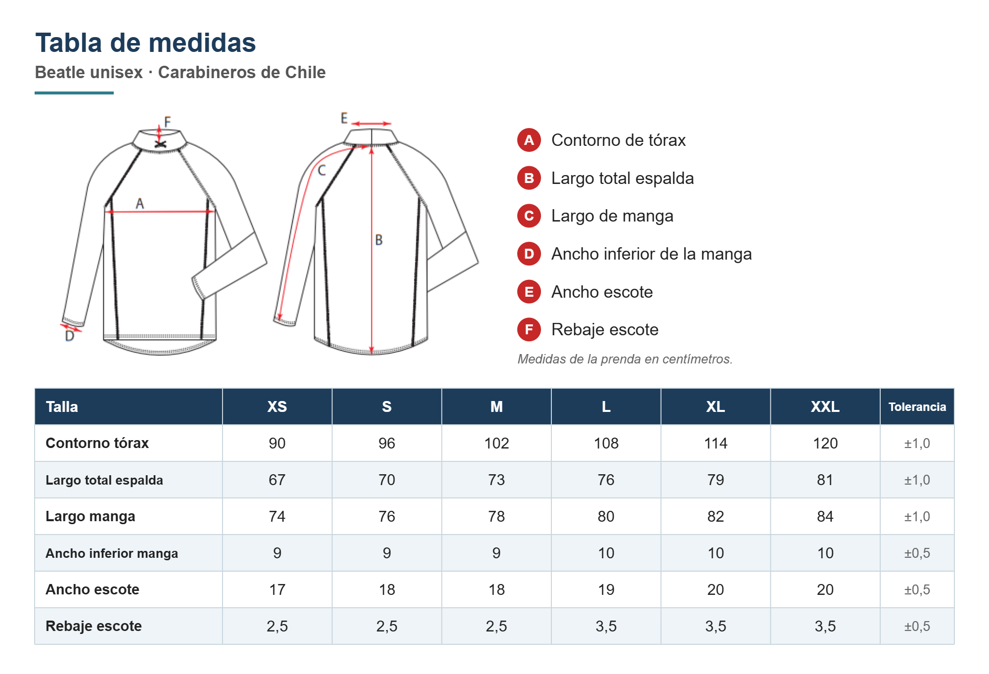 Tabla de medidas beatle unisex Carabineros, tallas XS a XXL
