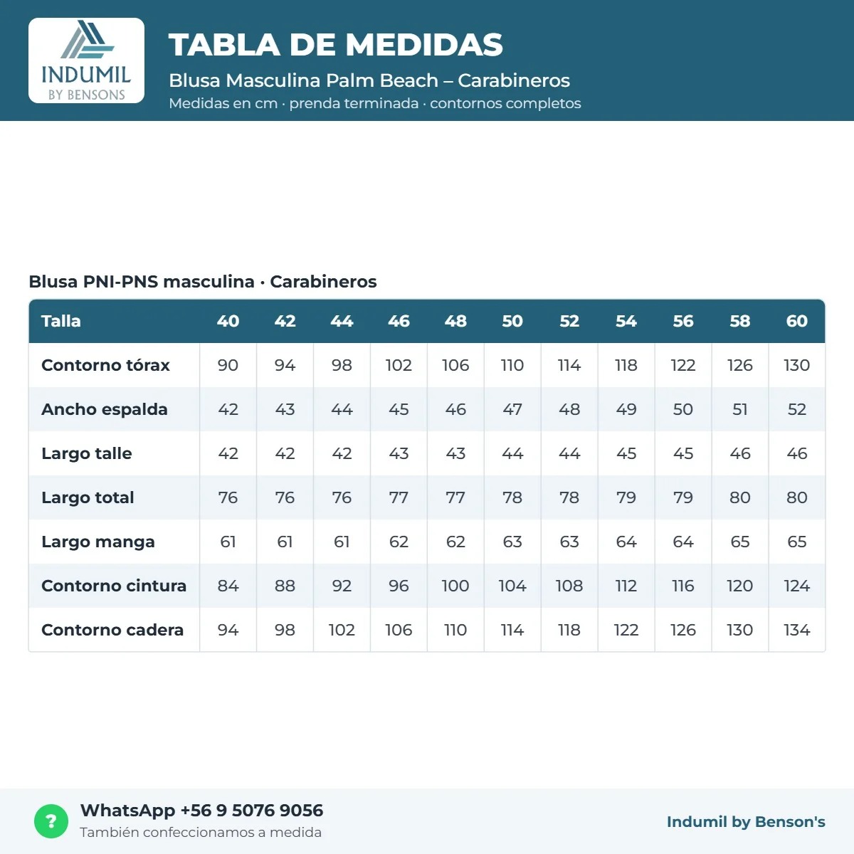 Tabla de medidas Blusa Masculina Palm Beach – Carabineros Benson's
