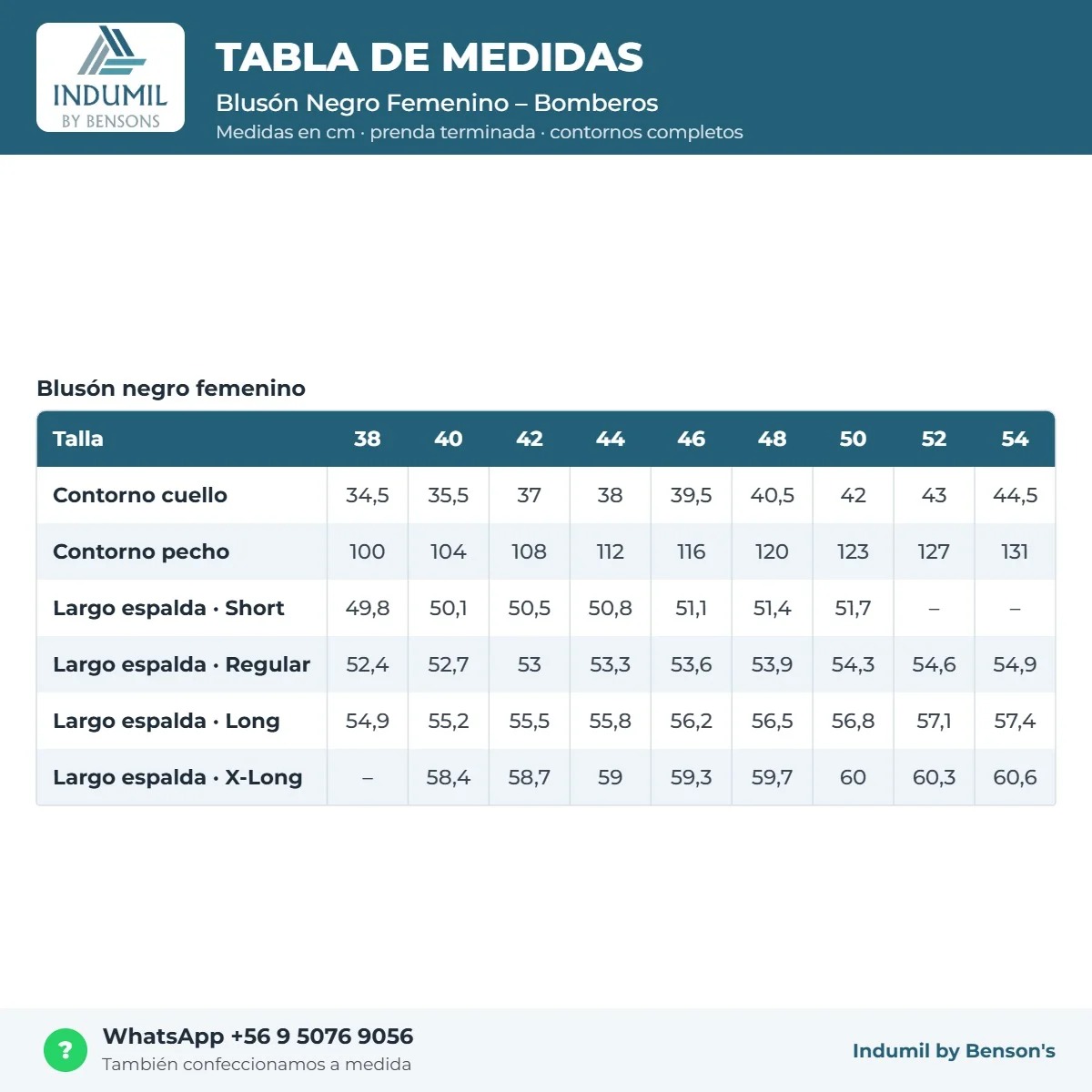 Tabla de medidas Blusón Negro Femenino – Bomberos Benson's
