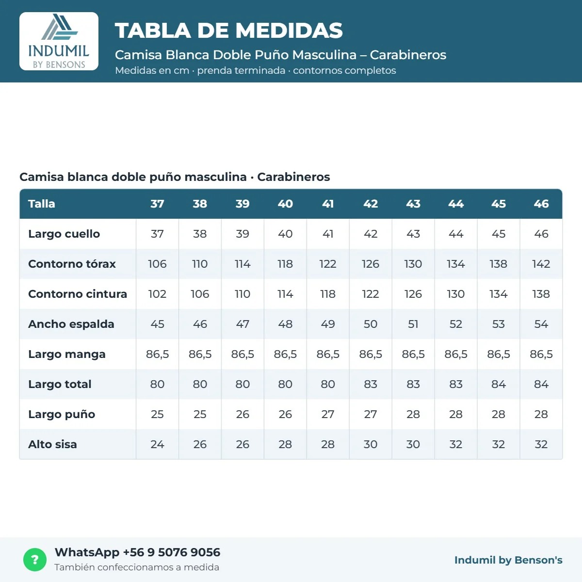 Tabla de medidas Camisa Blanca Doble Puño Masculina – Carabineros