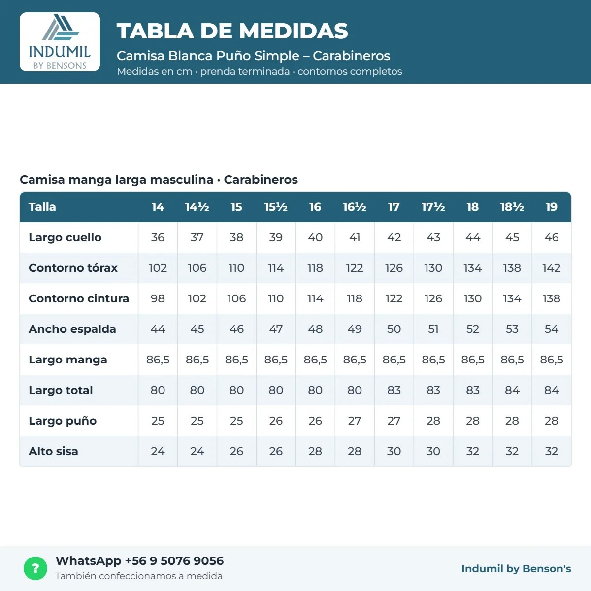 Tabla de medidas Camisa Blanca Puño Simple – Carabineros