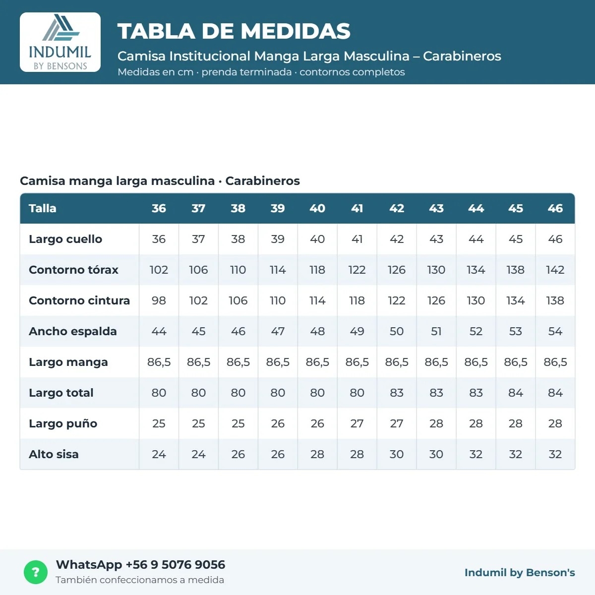 Tabla de medidas Camisa Institucional Manga Larga Masculina – Carabineros