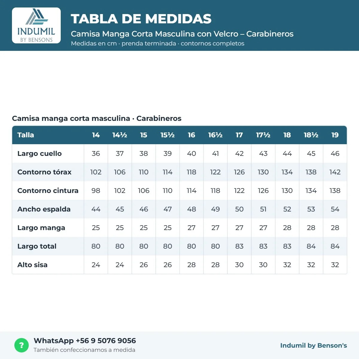 Tabla de medidas Camisa Manga Corta Masculina con Velcro – Carabineros