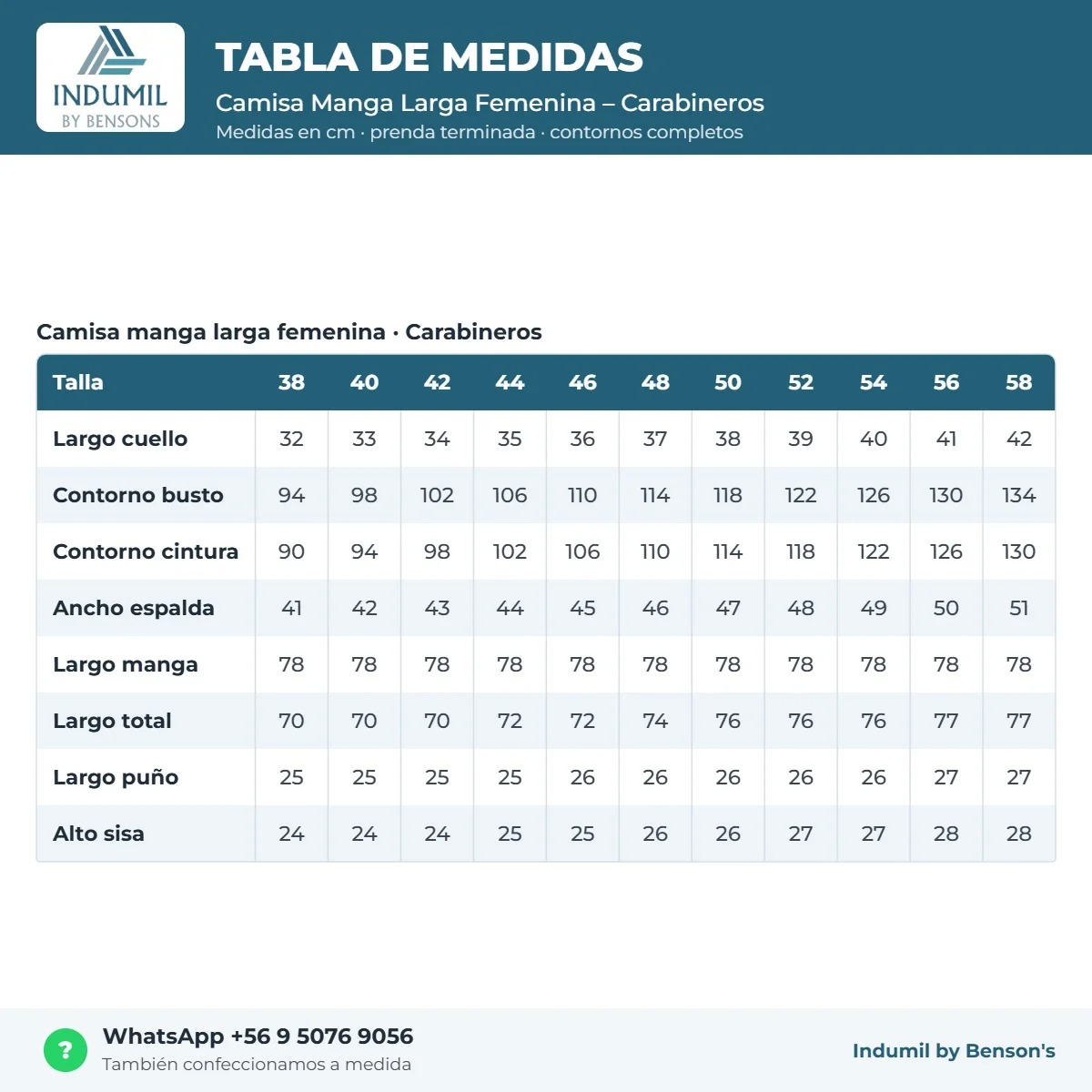 Tabla de medidas Camisa Manga Larga Femenina – Carabineros