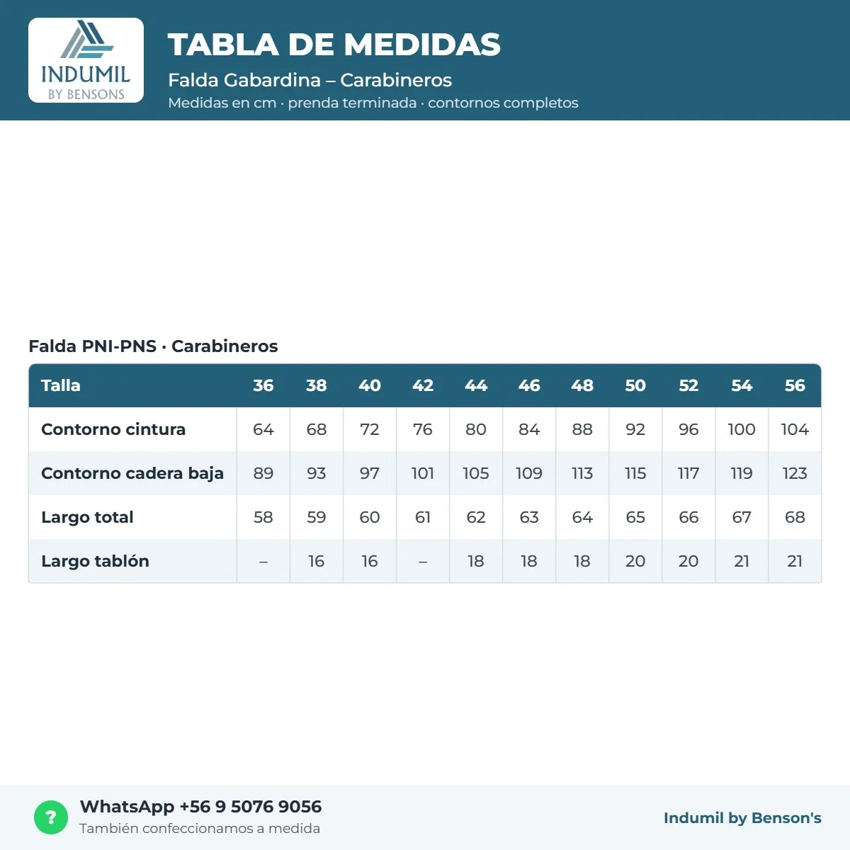 Tabla de medidas Falda Gabardina – Carabineros Benson's