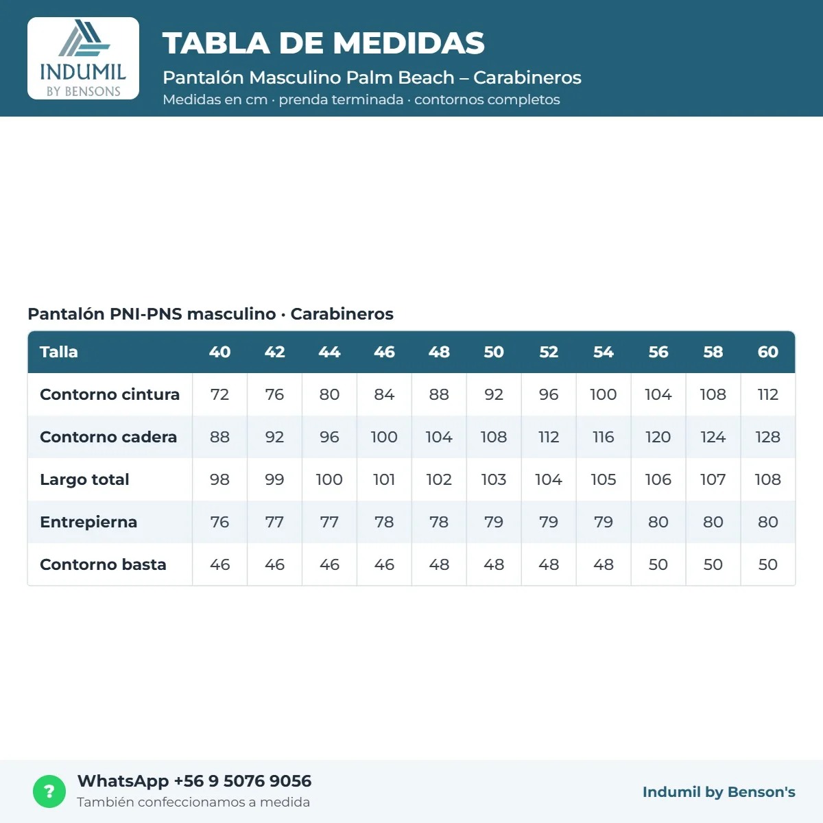 Tabla de medidas Pantalón Masculino Palm Beach – Carabineros Benson's