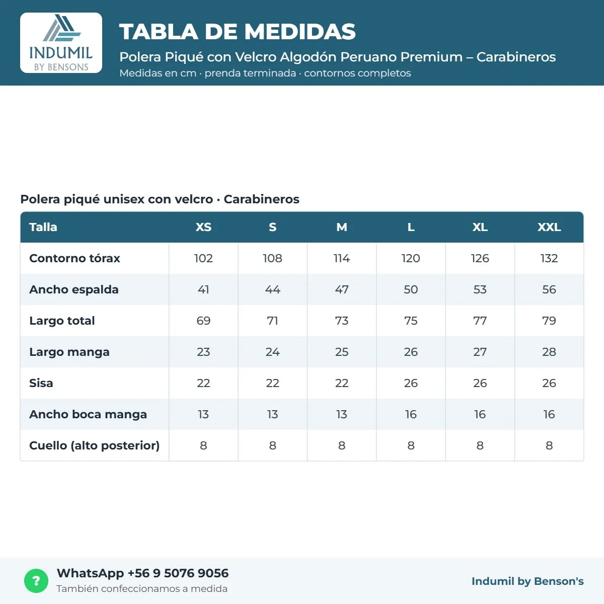 Tabla de medidas Polera Piqué con Velcro Algodón Peruano Premium – Carabineros