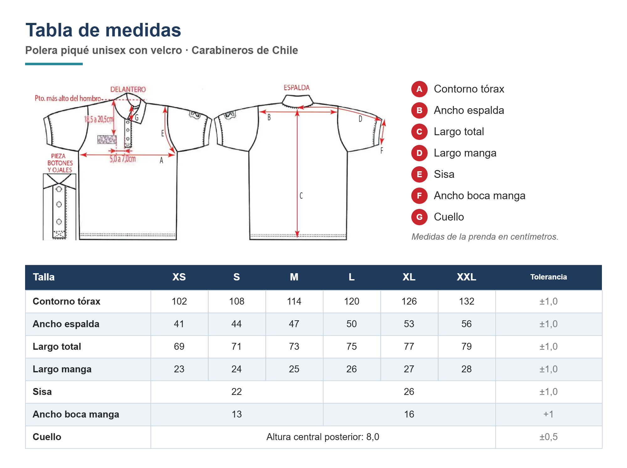Tabla de medidas polera piqué unisex con velcro Carabineros de Chile, tallas XS a XXL
